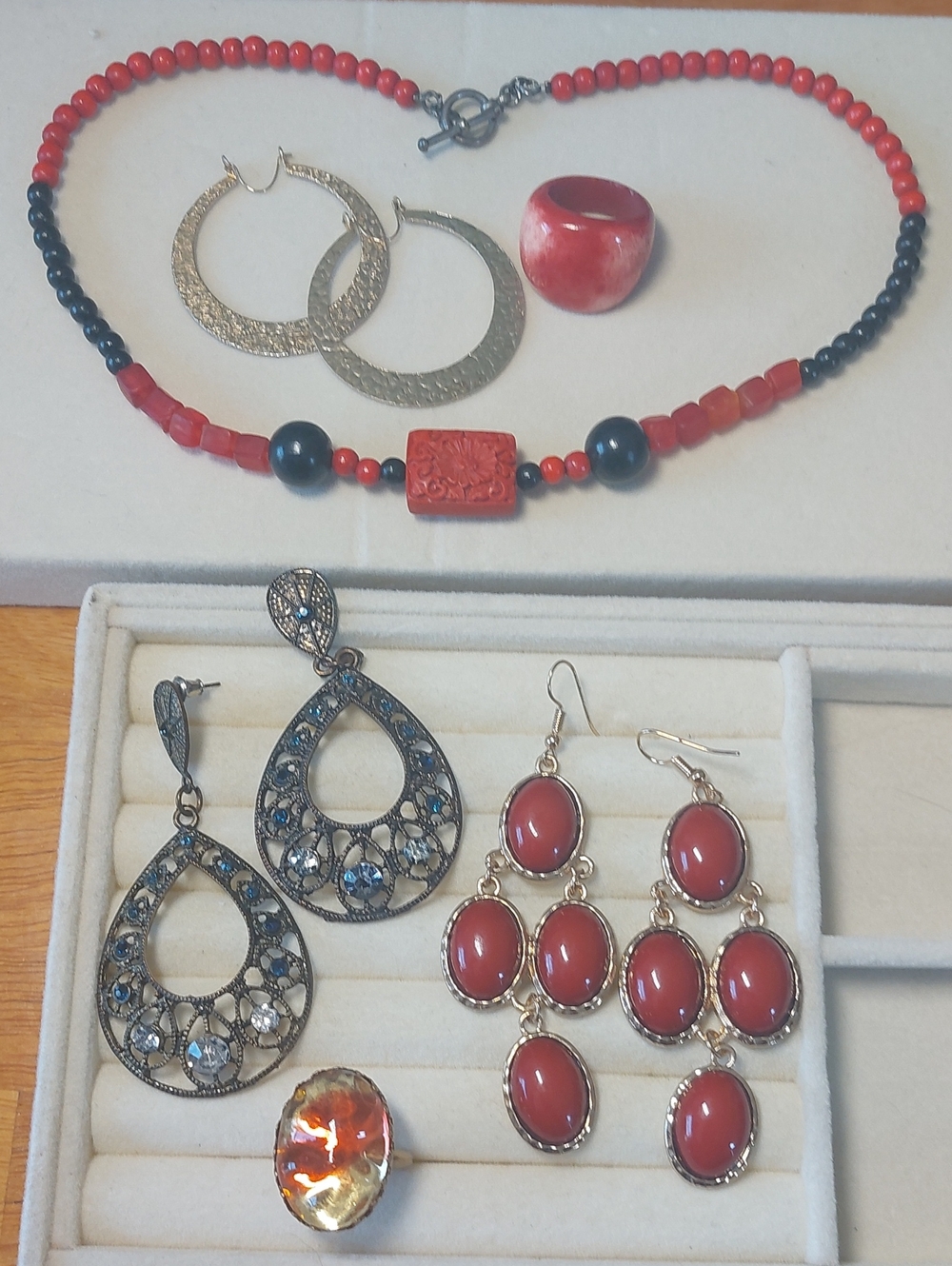 Statement Jewelry Lot 6pc - Boho Red Beaded Necklace Filigree Chandelier Earring